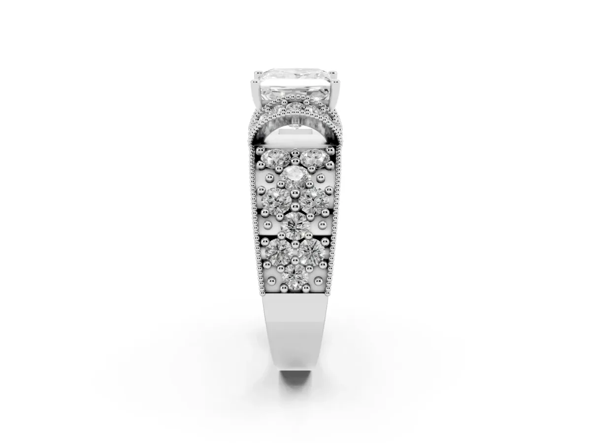 Princess Cut Halo Pave Diamond Engagement Ring with Milgrain Detailing Silver