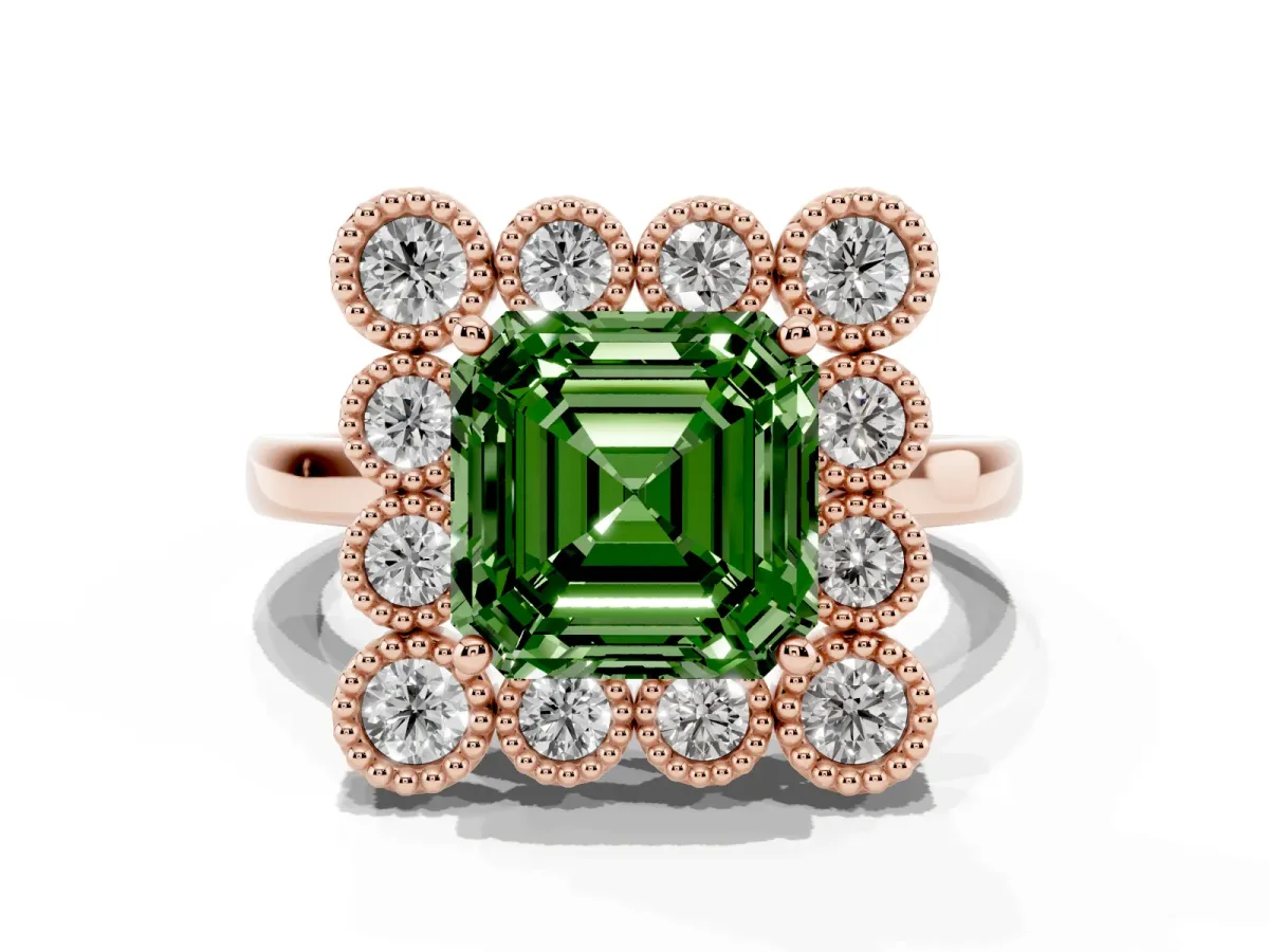 Fancy Green Asscher Cut Halo Diamond Cluster Engagement Ring with Milgrain Bezel Setting and Solitaire Band Rose gold
