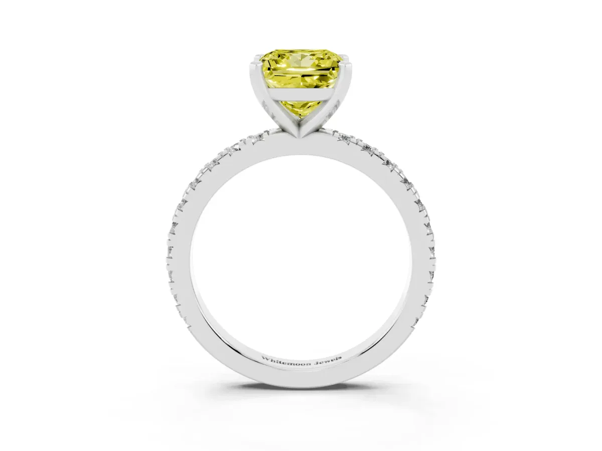 Fancy Yellow Princess Cut Diamond Pavé Band Solitaire with Four-Prong Setting Silver