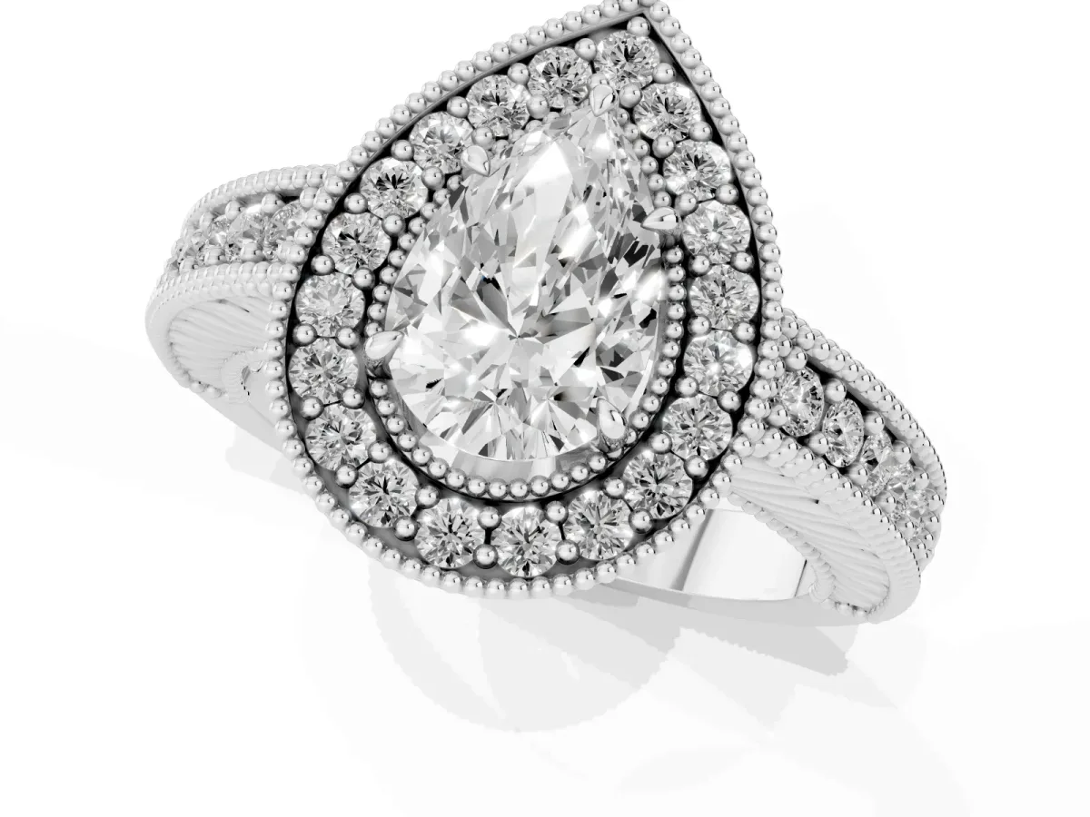 Pear Cut Cut Halo Diamond Ring with Pavé Band and Four-Prong Setting Silver