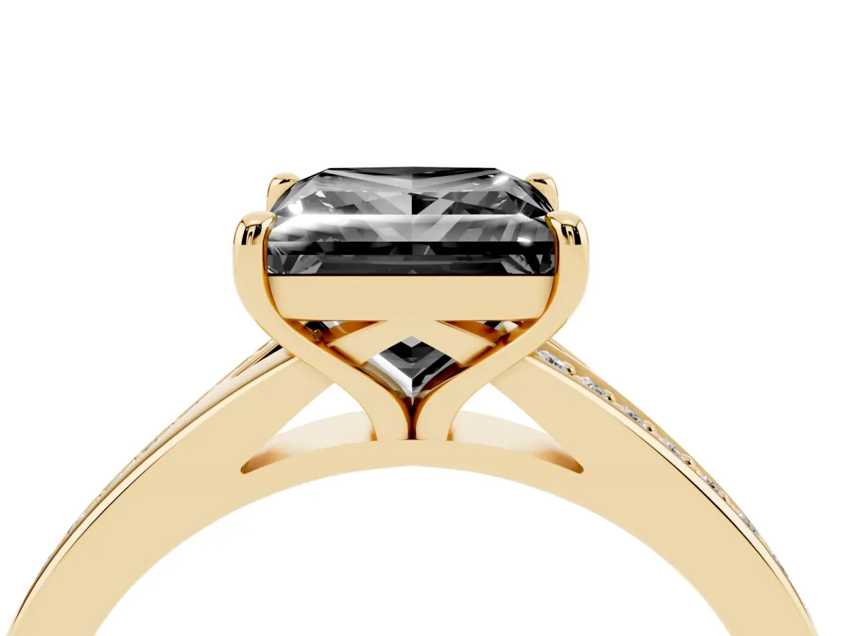 Fancy Black Princess Cut Diamond Solitaire Ring with Pavé Band and Prong Setting Yellow gold