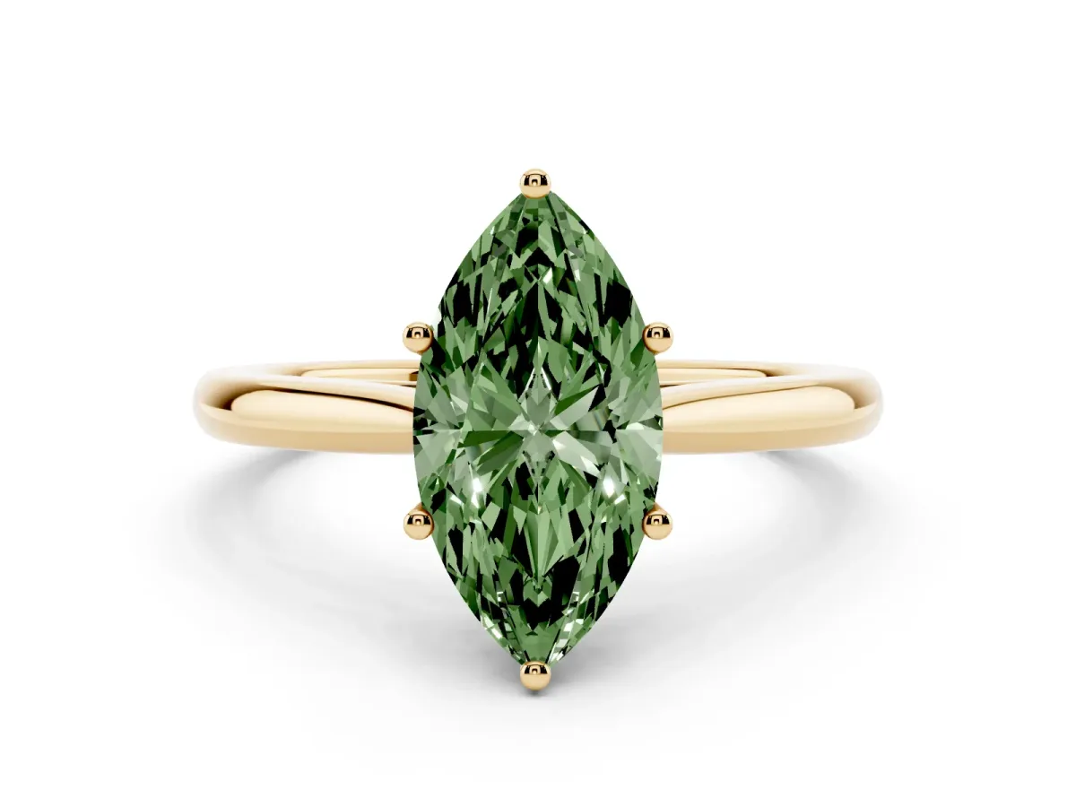 Fancy Green Marquise Cut Cut Solitaire Ring with Cathedral Band and Four-Prong Setting Yellow gold