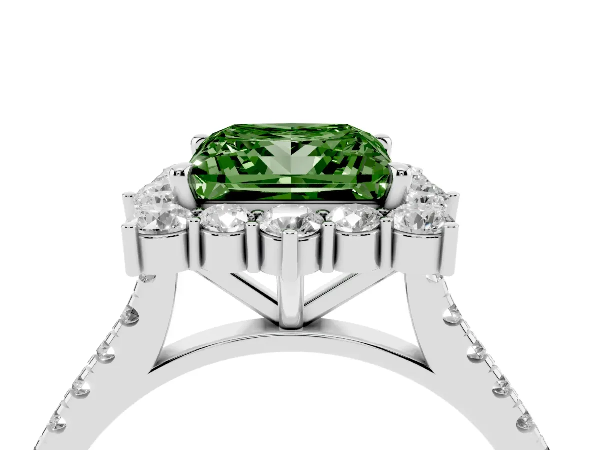 Fancy Green Princess Cut Halo Diamond Ring with Pavé Band and Prong Setting White gold