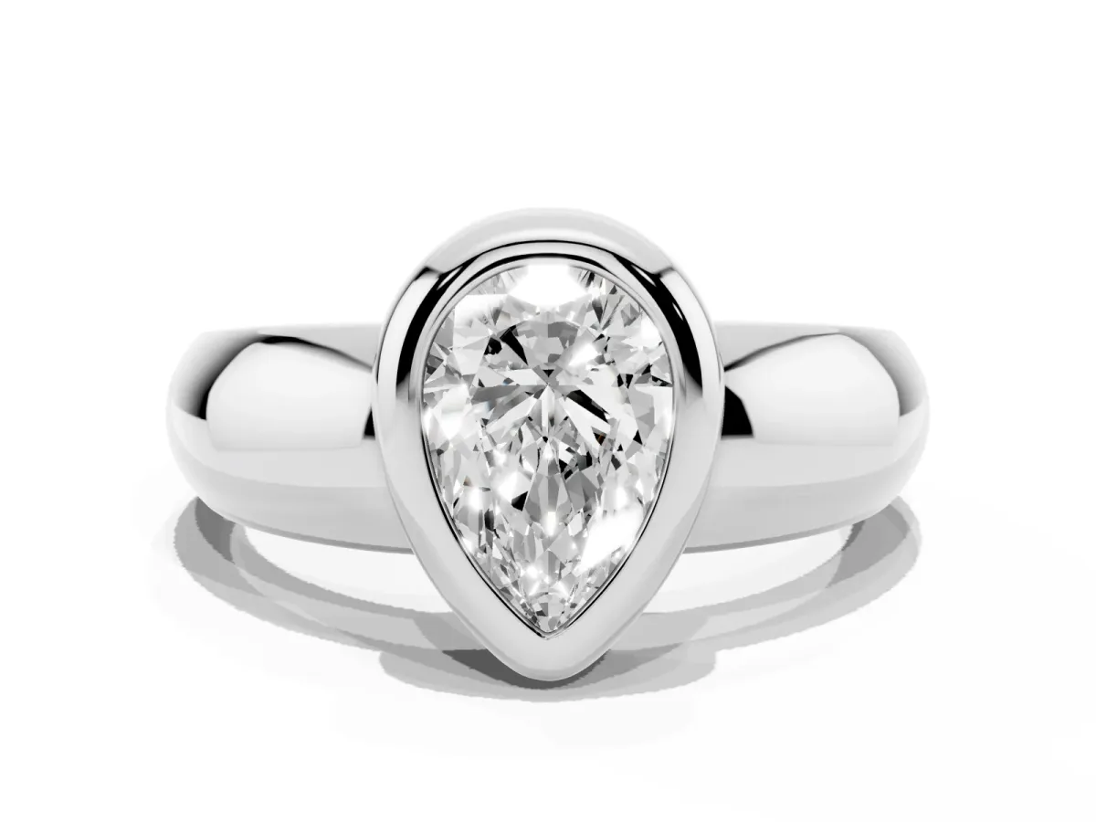 Bezel Set Pear Cut Solitaire Ring with Wide Band White gold