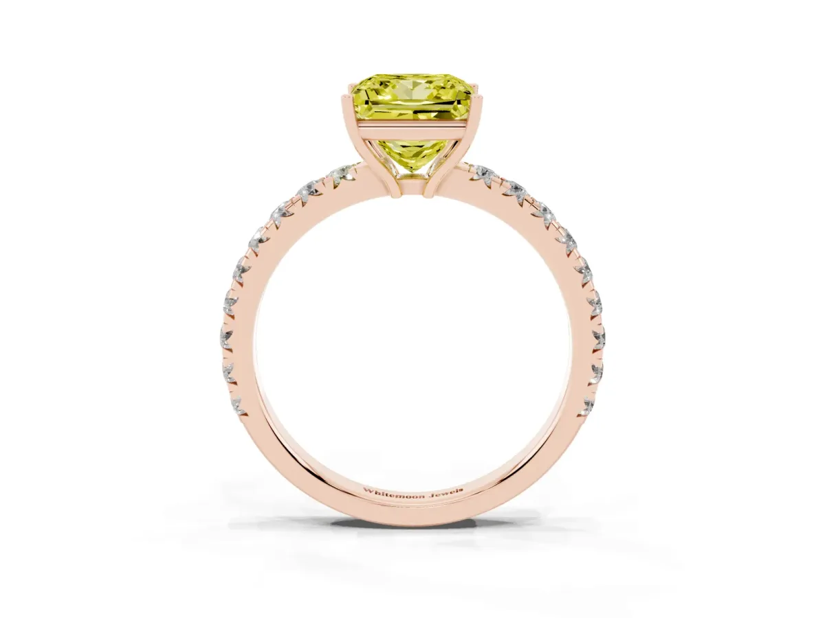 Fancy Yellow Princess Cut Diamond Pavé Solitaire Engagement Ring with Four-Prong Setting Rose gold