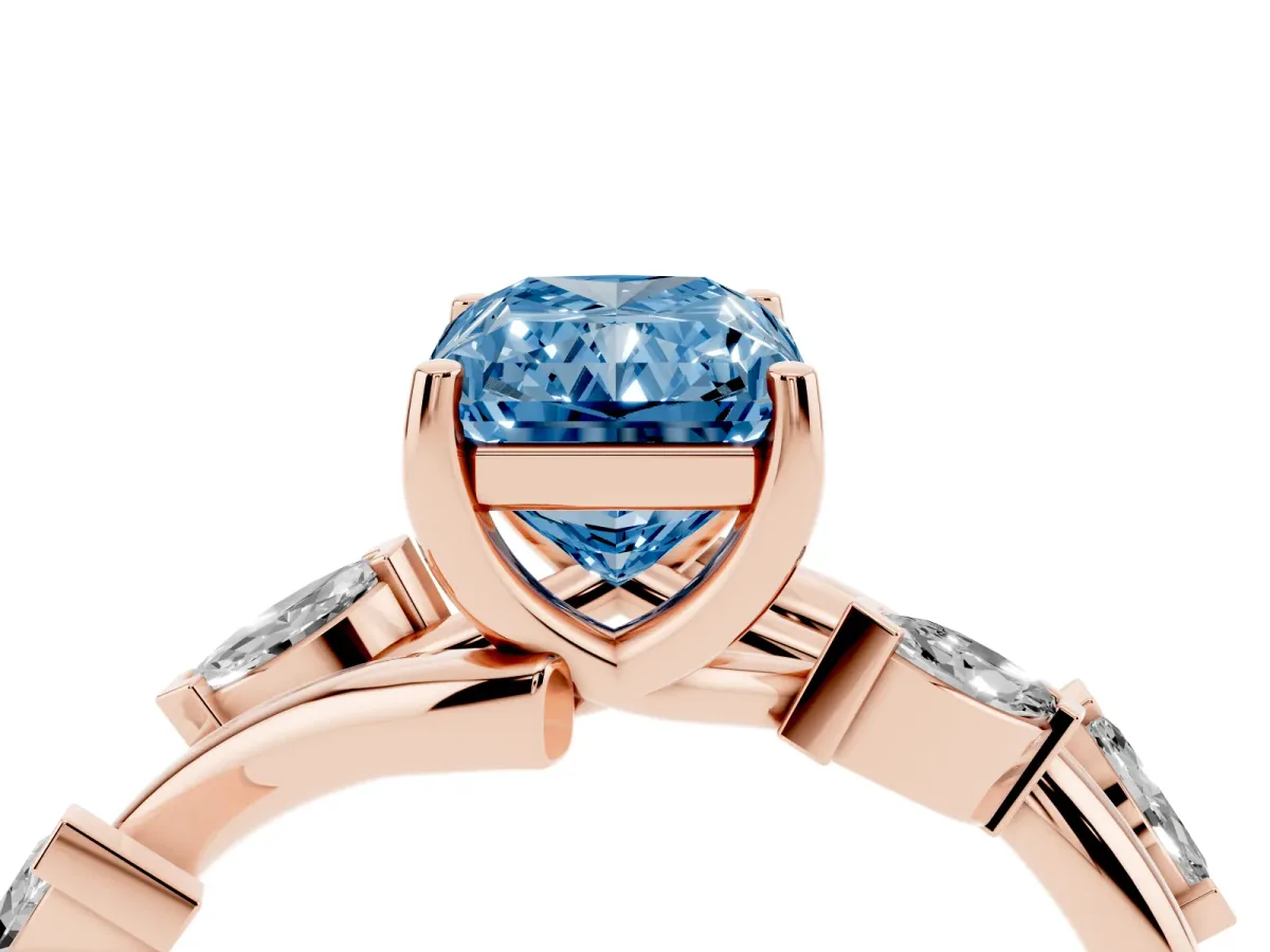 Fancy Blue Radiant Cut Solitaire Twisted Band Marquise Accent Prong Setting Ring Rose gold