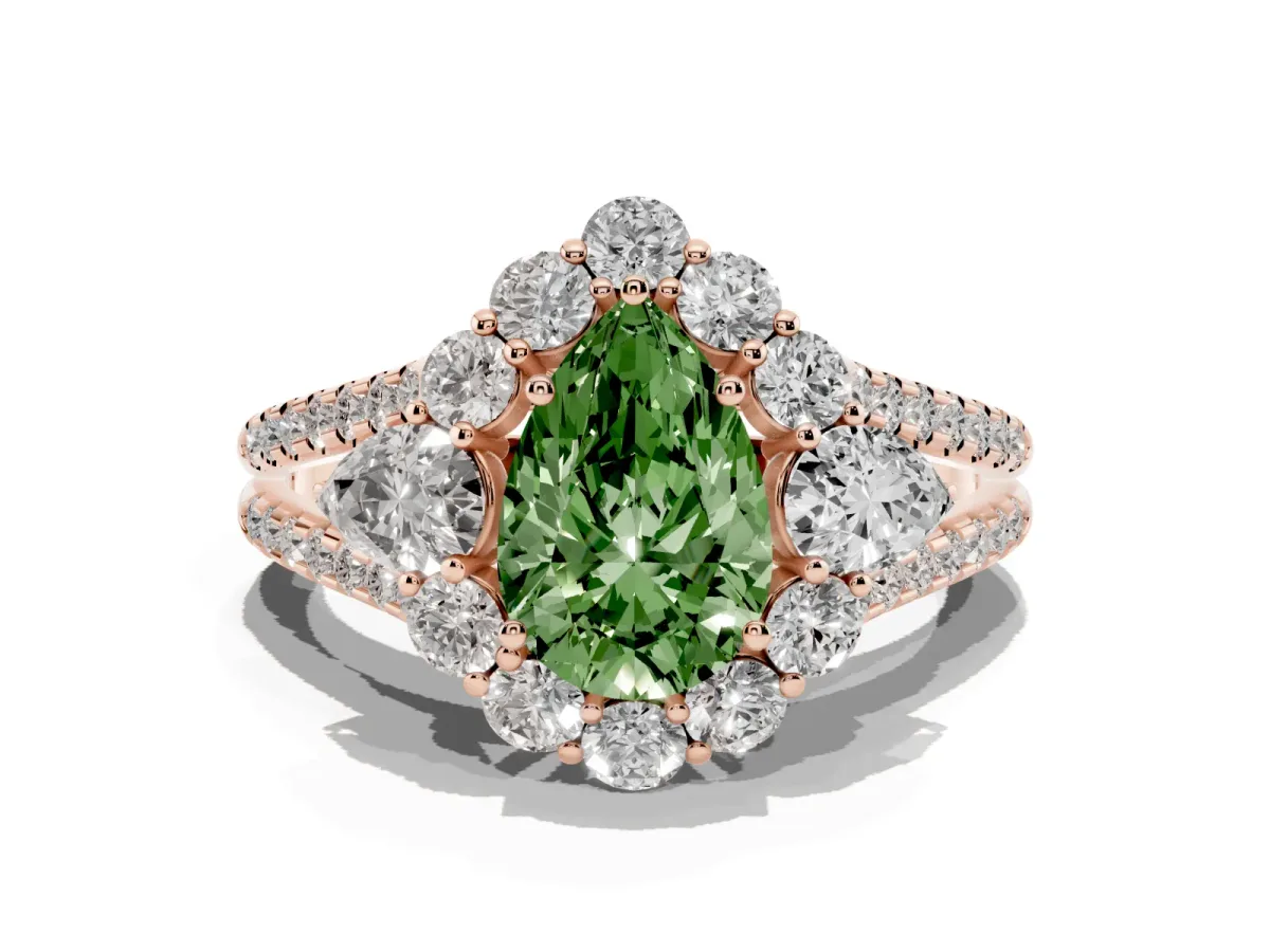 Fancy Green Pear Cut Halo Split Shank Diamond Engagement Ring with Prong Setting Rose gold