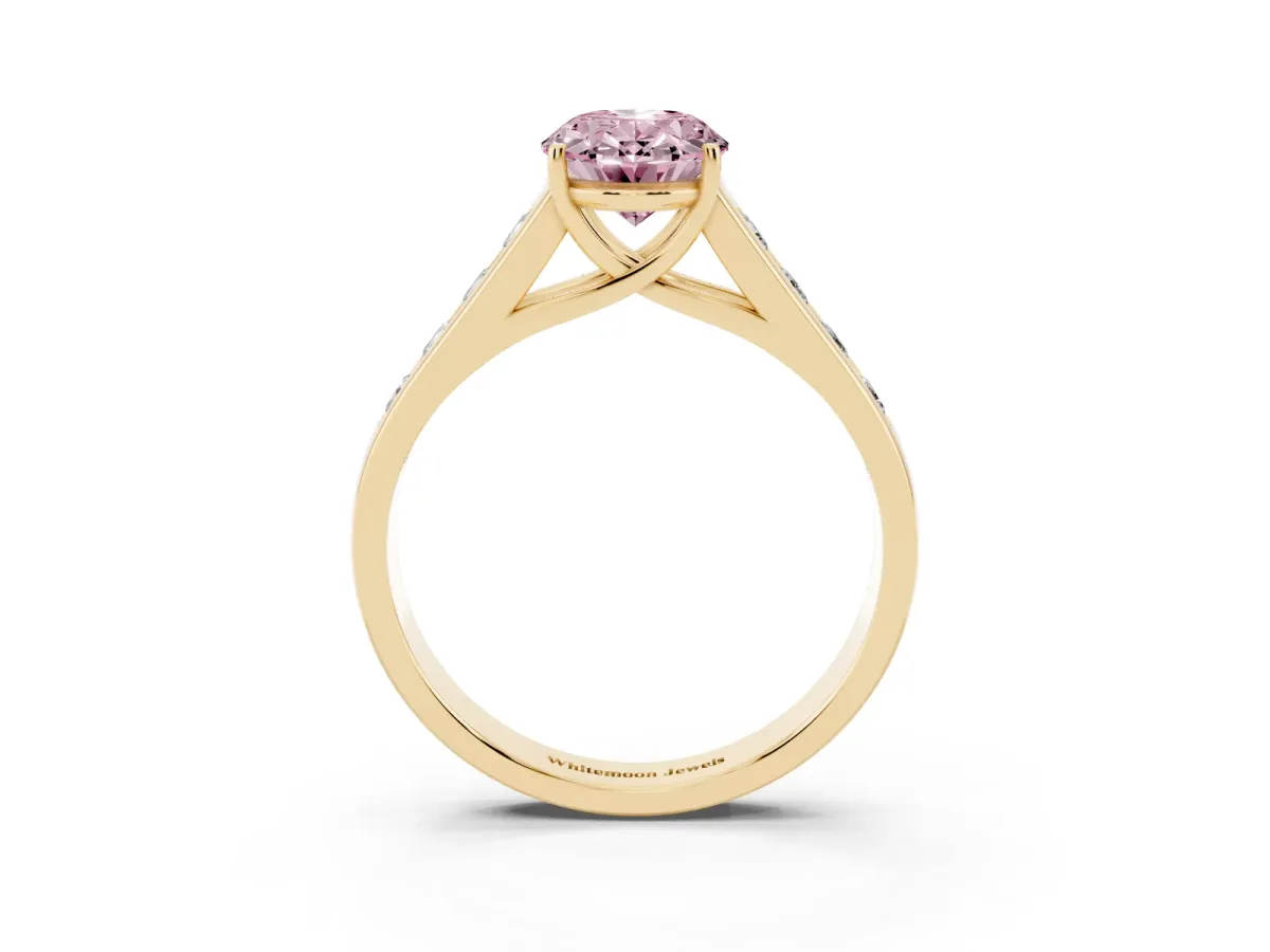 Fancy Pink Oval Cut Brilliant Channel-Set Solitaire Ring with Four-Prong Setting Yellow gold