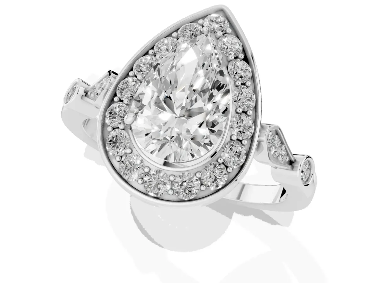 Pear Cut Halo Diamond Engagement Ring with Twisted Band and Four-Prong Setting Silver