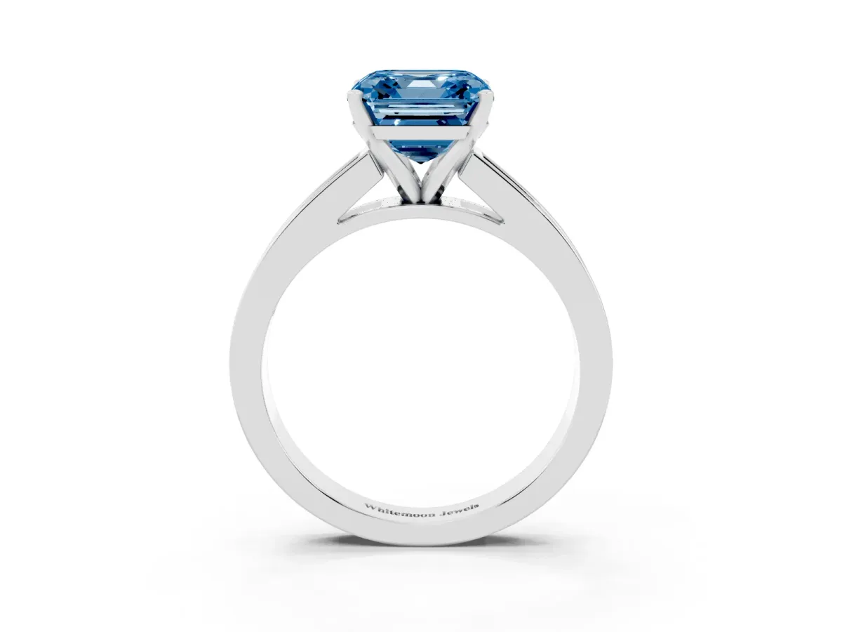 Fancy Blue Asscher Cut Solitaire Diamond Ring with Channel-Set Band and Four-Prong Setting Silver