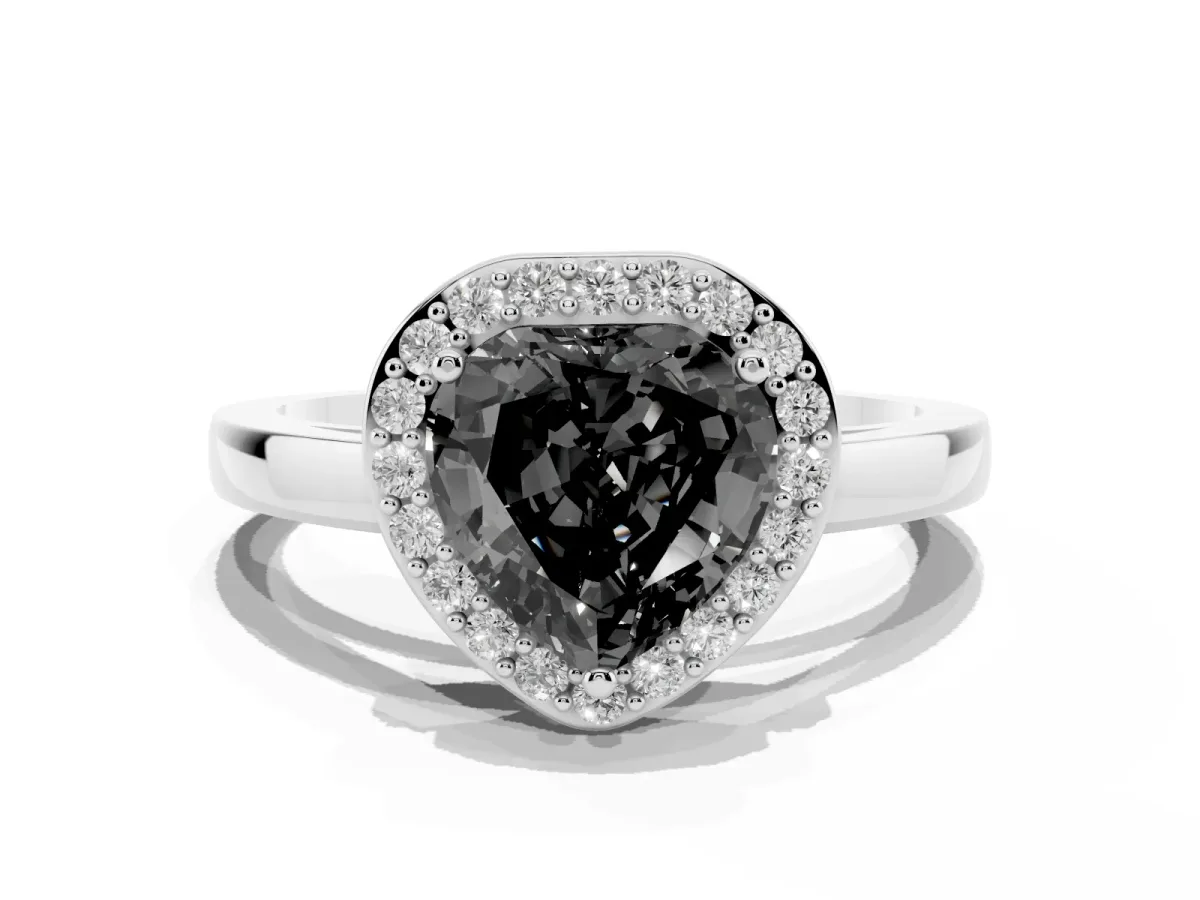 Fancy Black Heart Cut Halo Diamond Ring with Solitaire Band and Prong Setting White gold