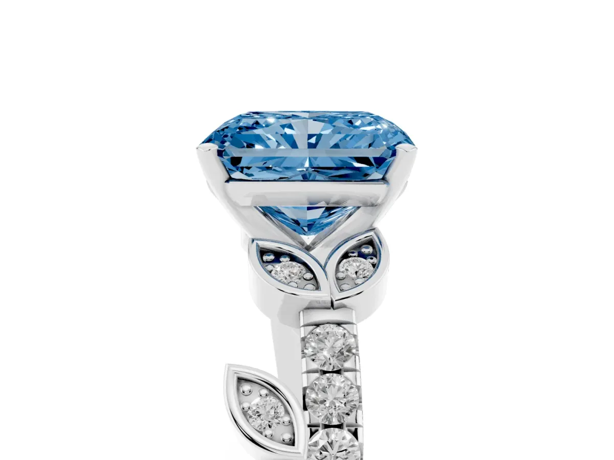 Fancy Blue Radiant Cut Solitaire Leaf-Inspired Diamond Ring with Pavé Band and Four-Prong Setting Silver