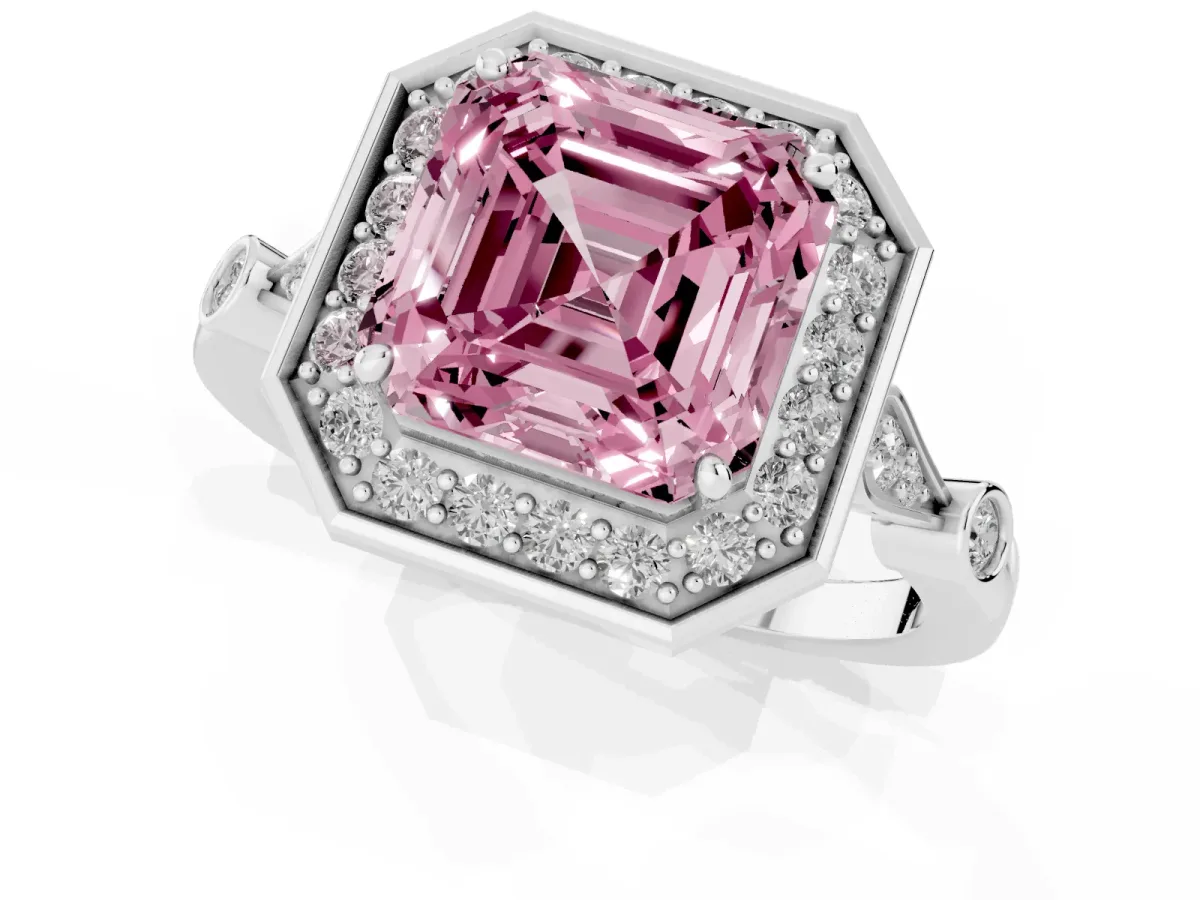Fancy Pink Asscher Cut Halo Diamond Engagement Ring with Twisted Band and Four-Prong Setting White gold