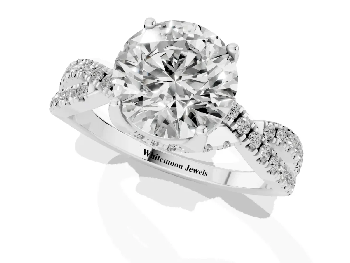 Round Cut Solitaire Twist Pave Diamond Engagement Ring with Prong Setting Silver