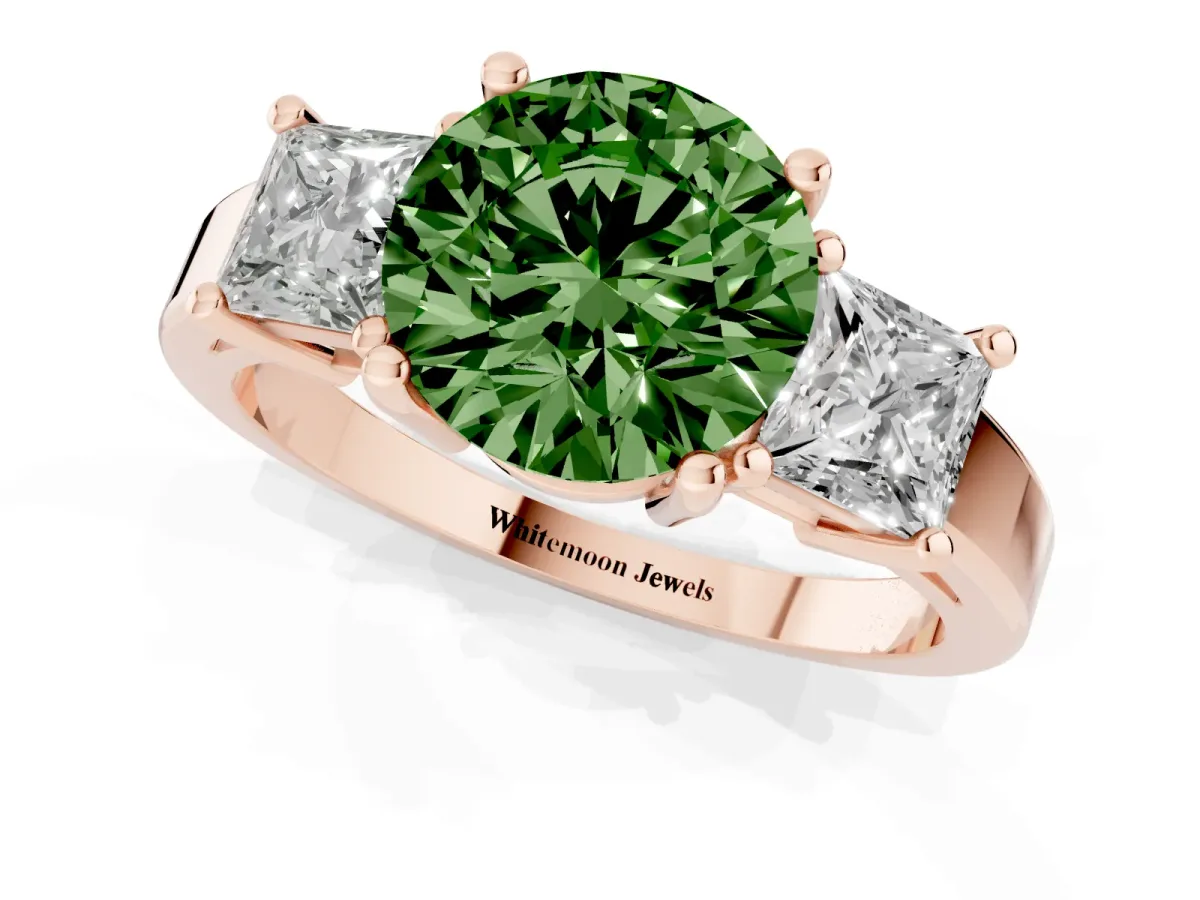 Fancy Green Three-Stone Round Cut Cut Solitaire Ring with Prong Setting Rose gold
