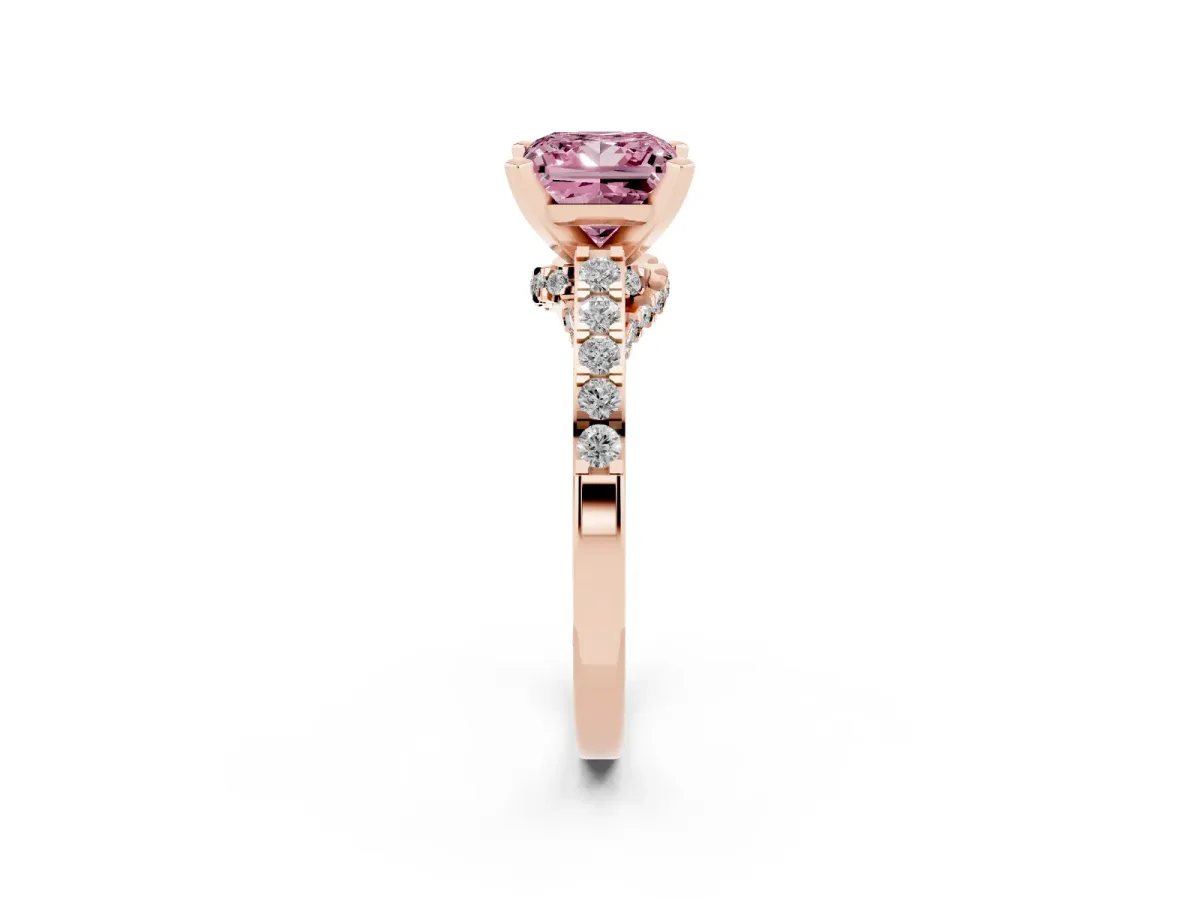 Fancy Pink Princess Cut Diamond Solitaire Ring with Crossover Gallery and Round Pavé Band Rose gold