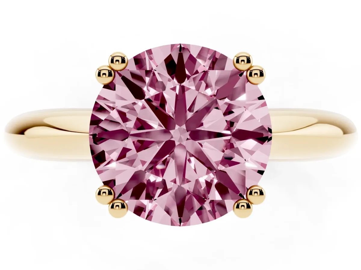 Fancy Pink Round Cut Cut Solitaire Engagement Ring with Tapered Band and Four-Prong Setting Yellow gold