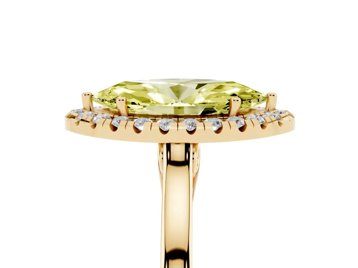 Fancy Yellow Marquise Cut Halo Round Diamond Solitaire Ring with Pavé Band and Four-Prong Setting Yellow gold