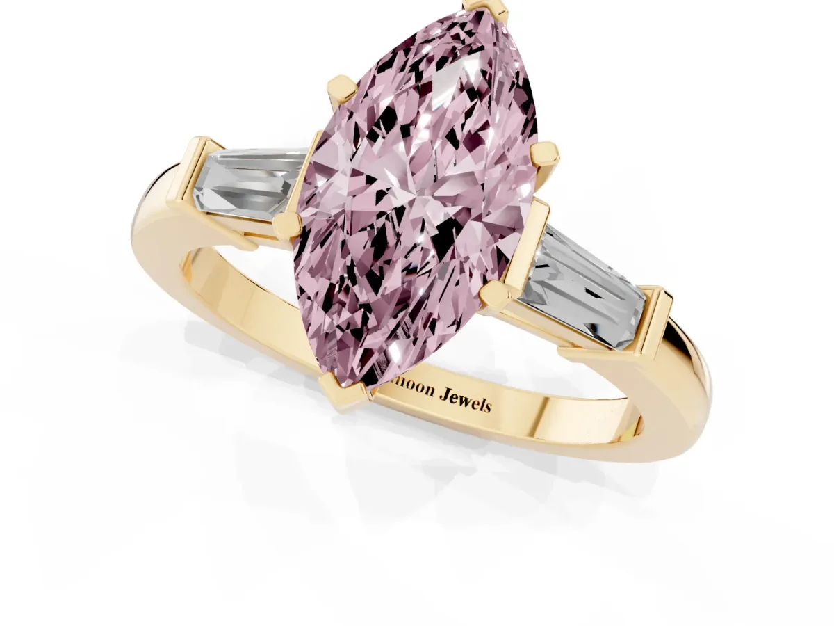 Fancy Pink Marquise Cut Cut Diamond Solitaire Ring with Tapered Baguette Accents and Four-Prong Setting Yellow gold