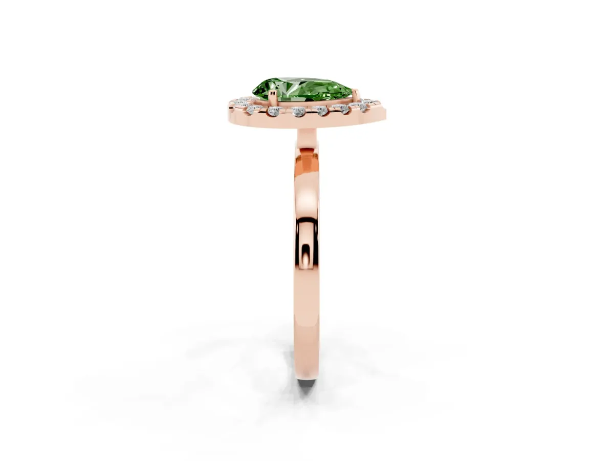 Fancy Green Pear Cut Halo Diamond Solitaire with Pavé Band and Four-Prong Setting Rose gold