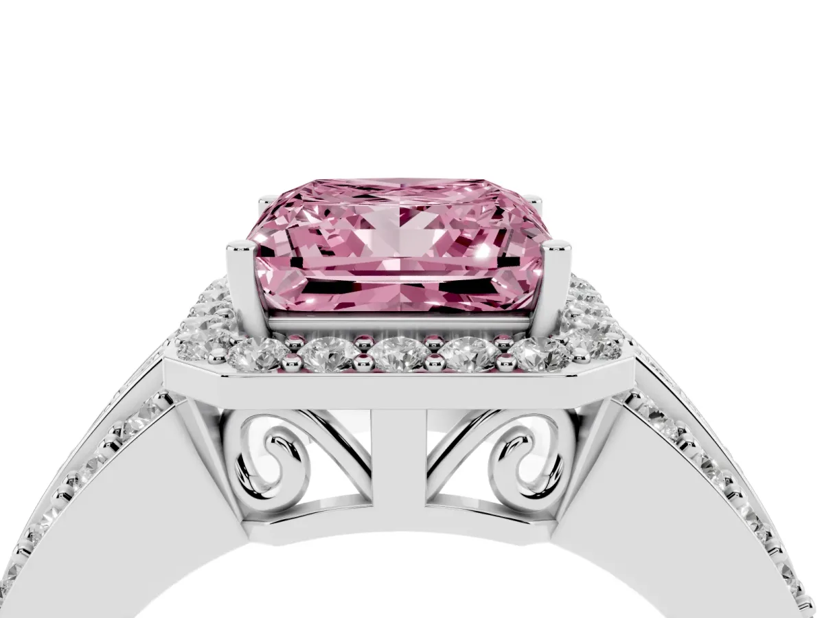 Fancy Pink Princess Cut Halo Diamond Ring with Round Split Shank and Prong Setting Silver