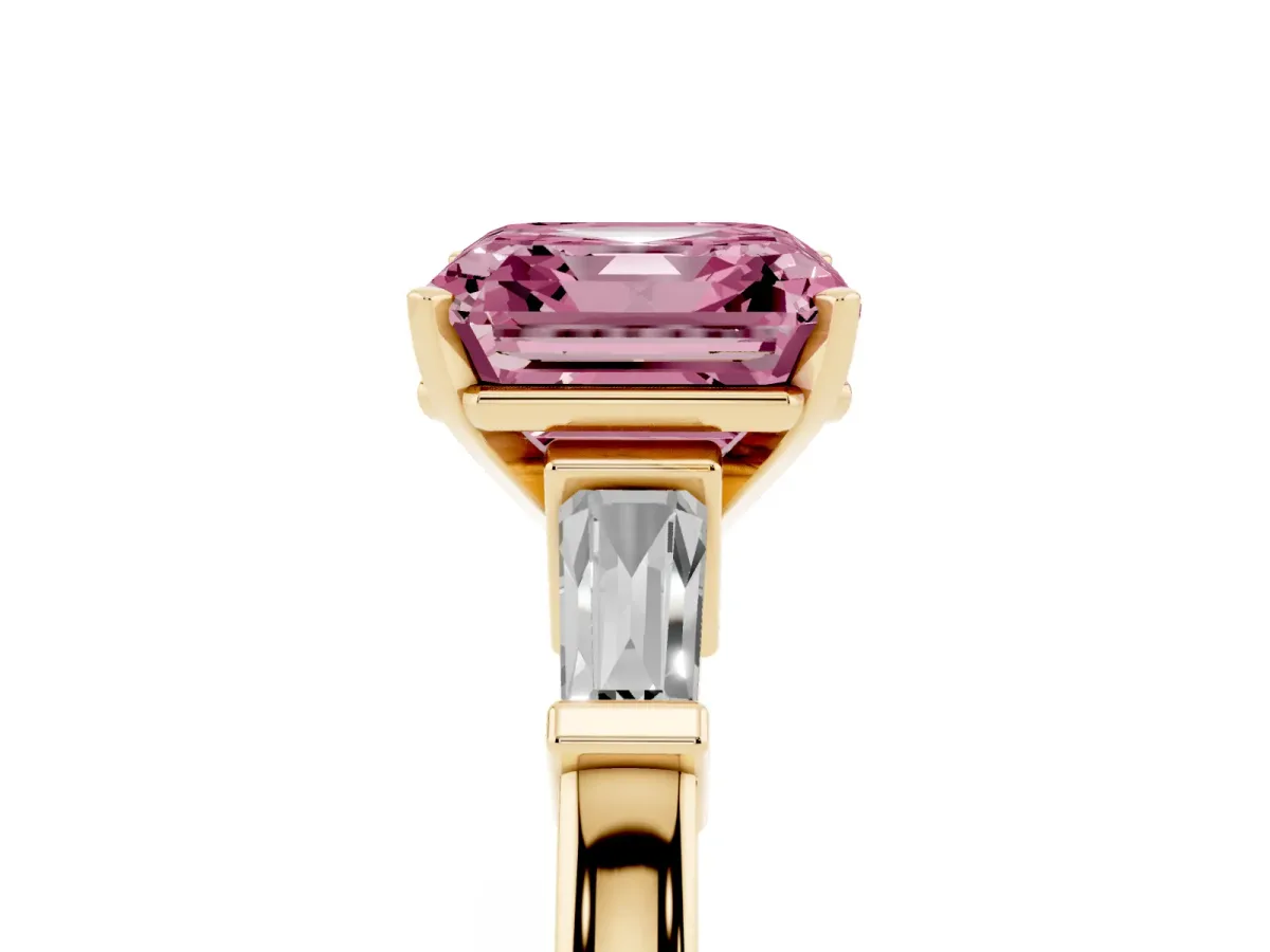 Fancy Pink Asscher Cut Cut Diamond Solitaire Ring with Tapered Baguette Accents and Four-Prong Setting Yellow gold