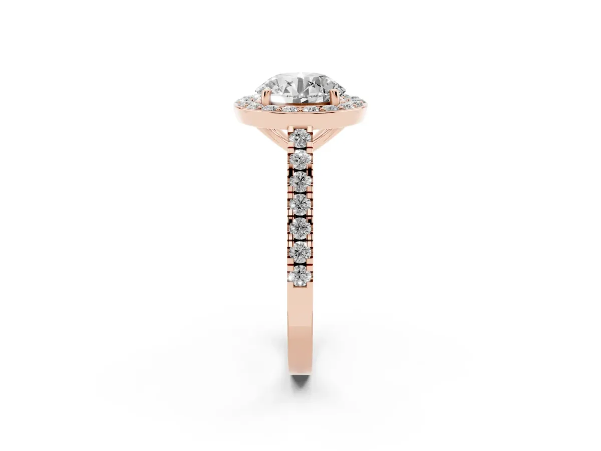 Round Cut Diamond Halo Ring with Round Pavé Split Shank and Prong Setting Rose gold
