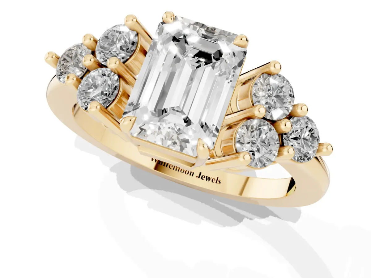 Emerald Cut Brilliant Diamond Cluster Accent Solitaire Ring with Prong Setting Yellow gold
