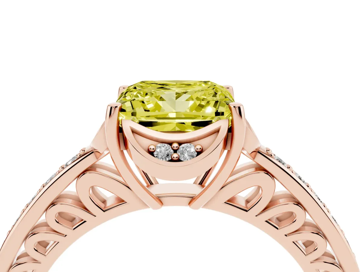 Fancy Yellow Princess Cut Cut Halo Diamond Ring with Channel Set Band and Four-Prong Setting Rose gold