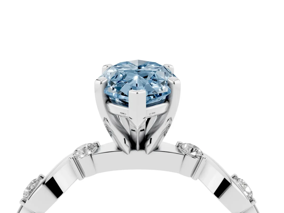 Fancy Blue Marquise Cut Diamond Solitaire Twisted Band with Round Accents and Prong Setting Platinum
