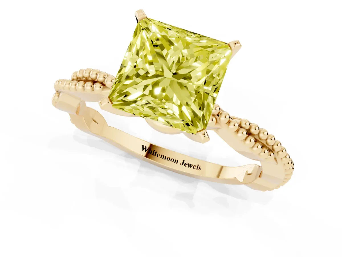 Fancy Yellow Princess Cut Solitaire Twisted Band with Bead Prong Setting Yellow gold