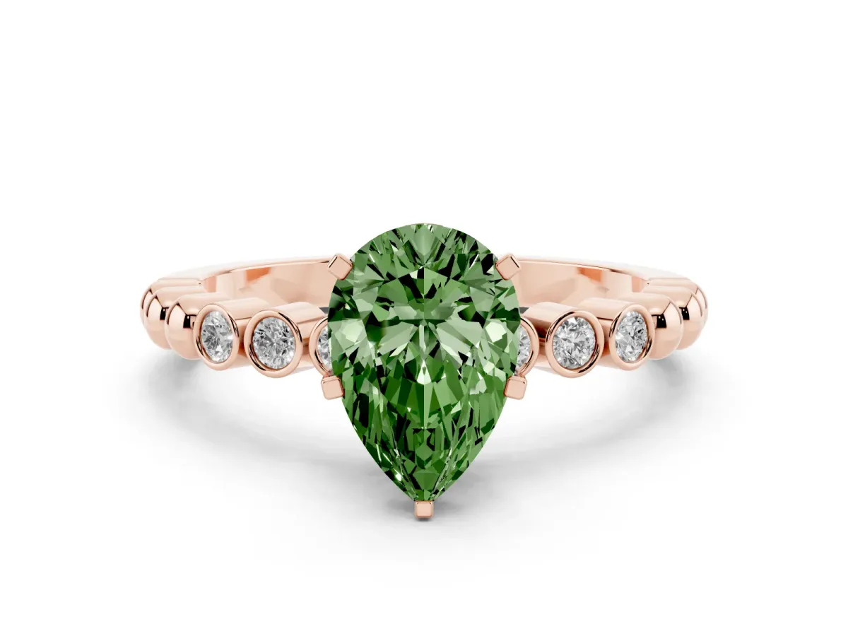 Fancy Green Pear Cut Solitaire Bezel Accent Diamond Engagement Ring with Beaded Band and Four-Prong Setting Rose gold