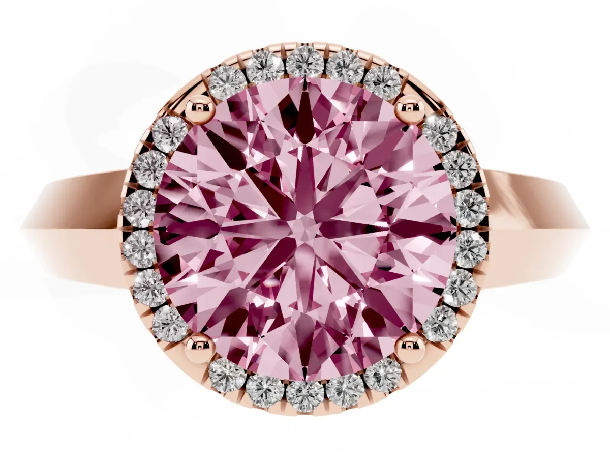 Fancy Pink Round Cut Halo Diamond Ring with Cathedral Band and Four-Prong Setting Rose gold