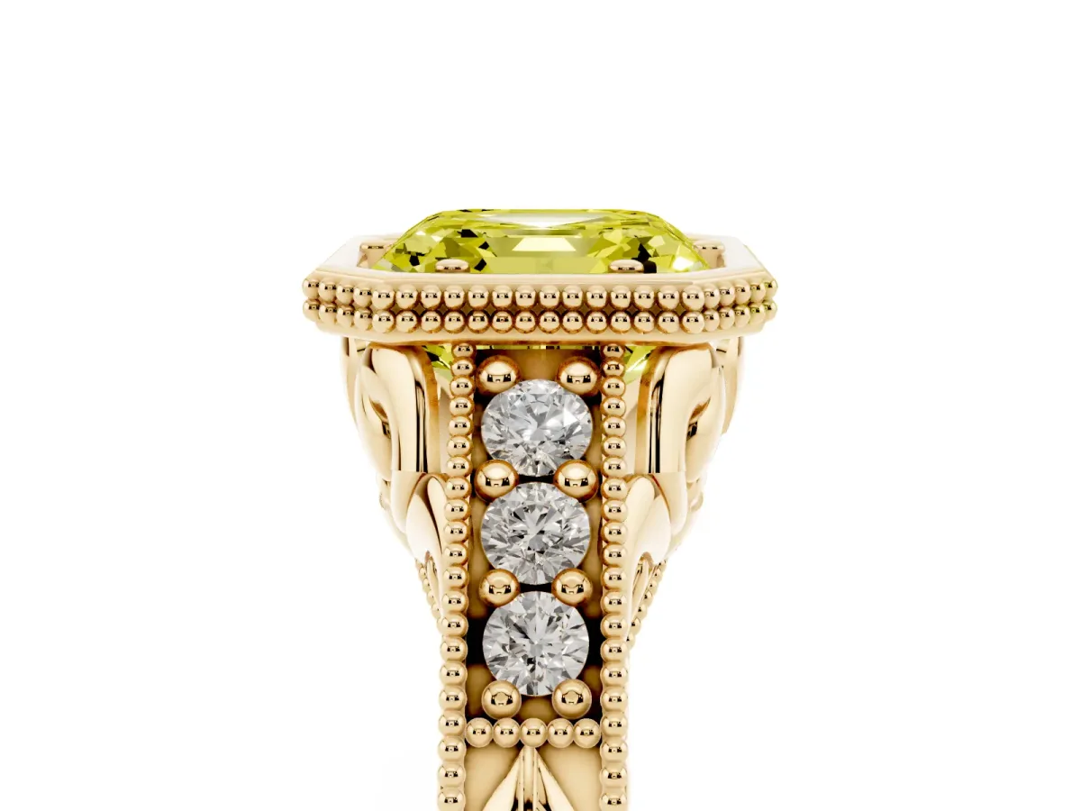 Fancy Yellow Bezel Set Asscher Cut Diamond Milgrain Pave Engagement Ring Yellow gold