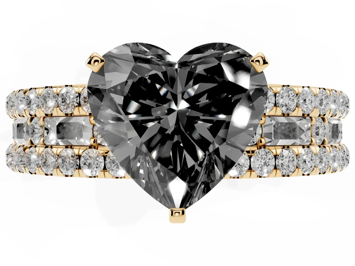 Fancy Black Heart Cut Diamond Solitaire Ring with Pavé and Channel Set Band Yellow gold