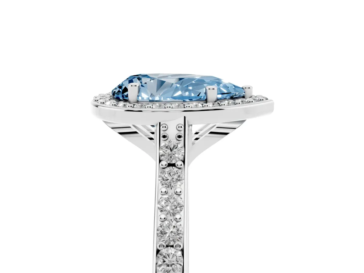 Fancy Blue Pear Cut Diamond Halo Engagement Ring with Round Pavé Shoulders and Prong Setting Platinum