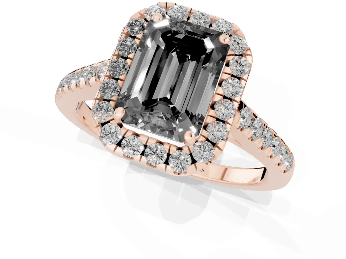Fancy Black Emerald Cut Halo Pave Diamond Engagement Ring with Four-Prong Setting Rose gold