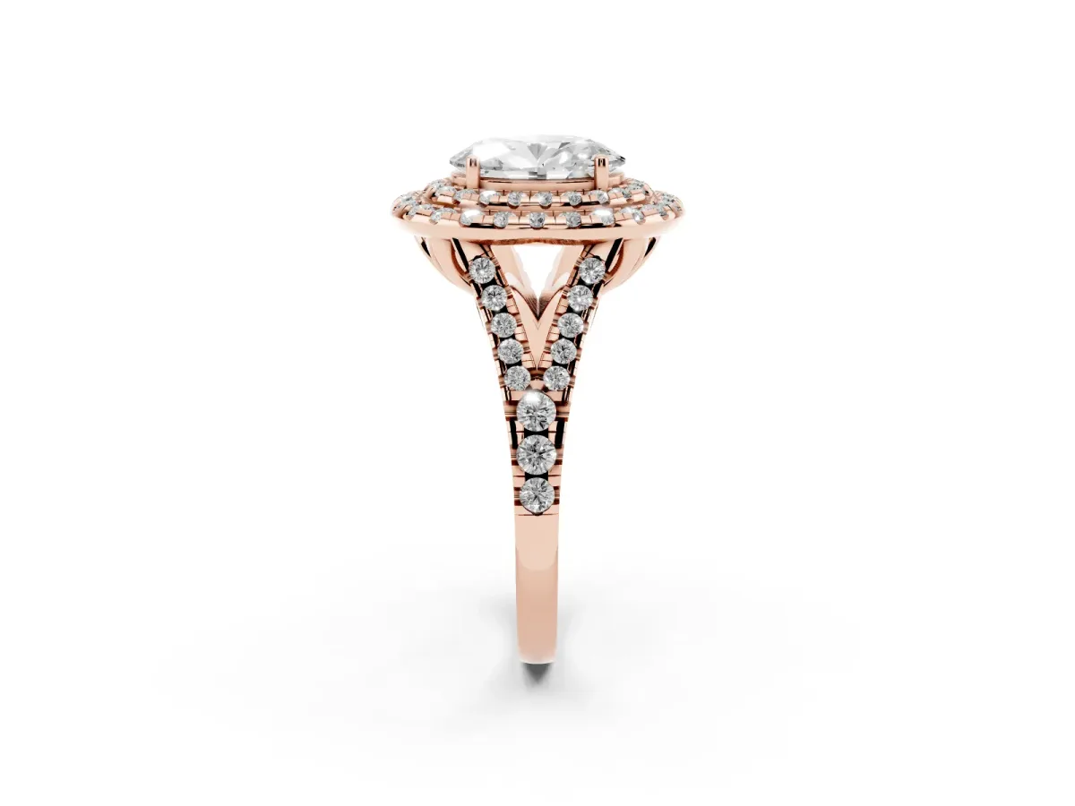 Double Halo Oval Cut Diamond Pavé Split Shank Ring with Prong Setting Rose gold