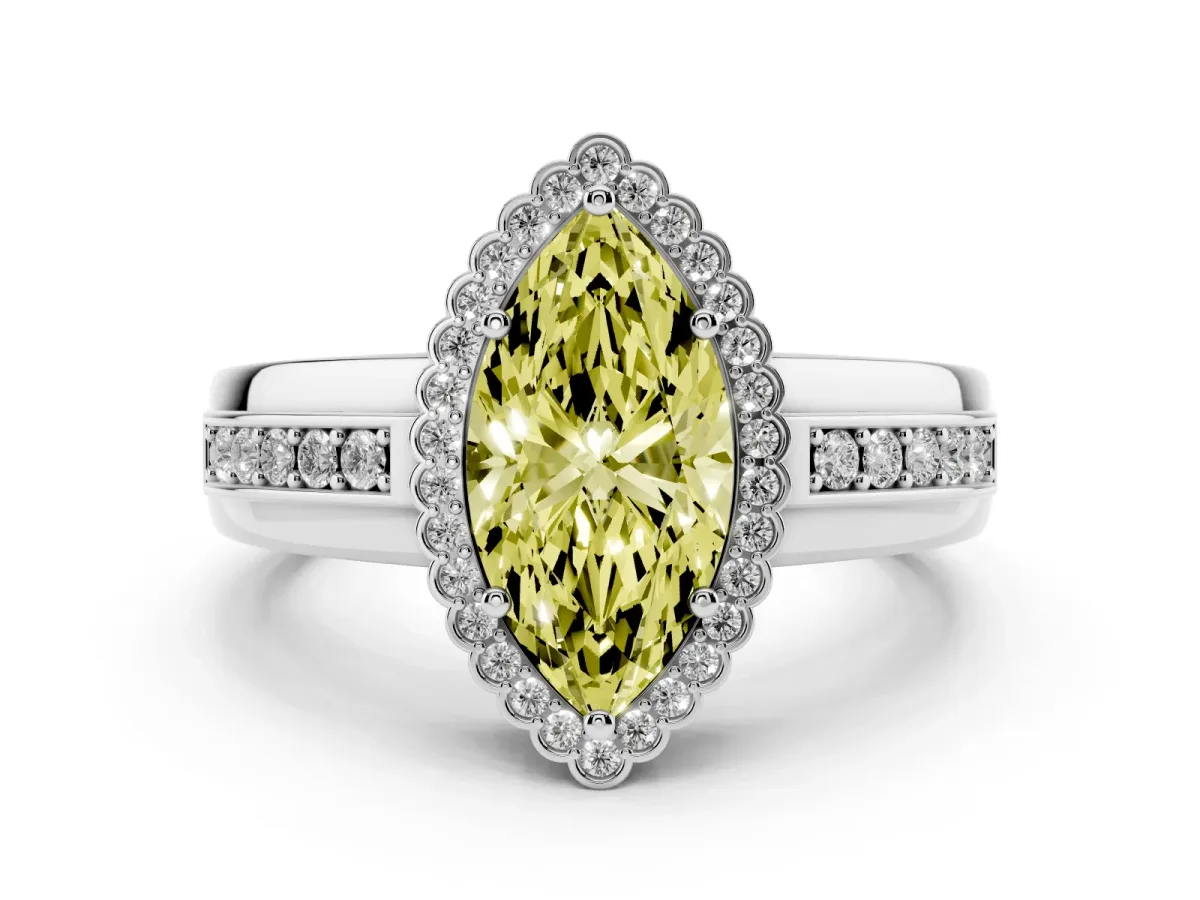 Fancy Yellow Marquise Cut Cut Halo Pave Band Four-Prong Ring White gold