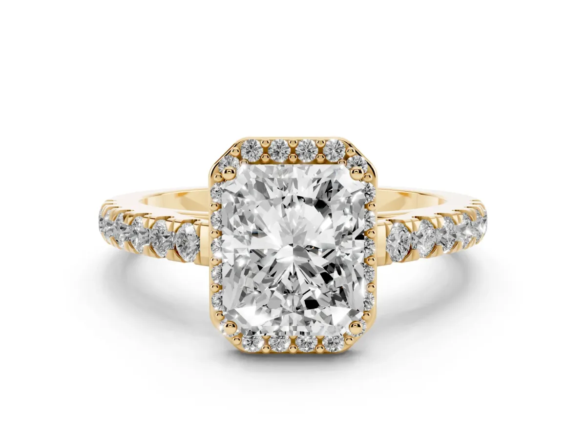 Radiant Cut Cut Halo Diamond Engagement Ring with Pave Band and Four-Prong Setting Yellow gold