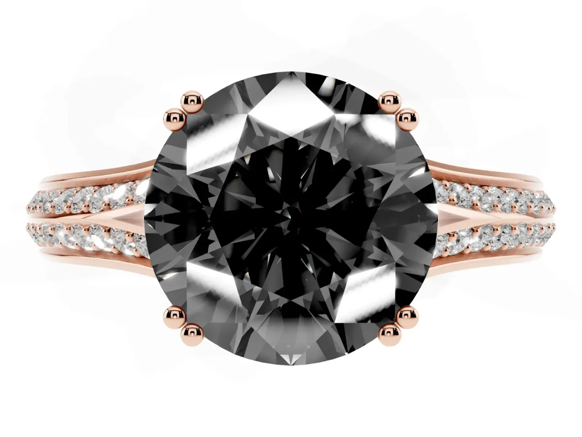 Fancy Black Round Cut Diamond Split Shank Engagement Ring with Pavé Band Rose gold