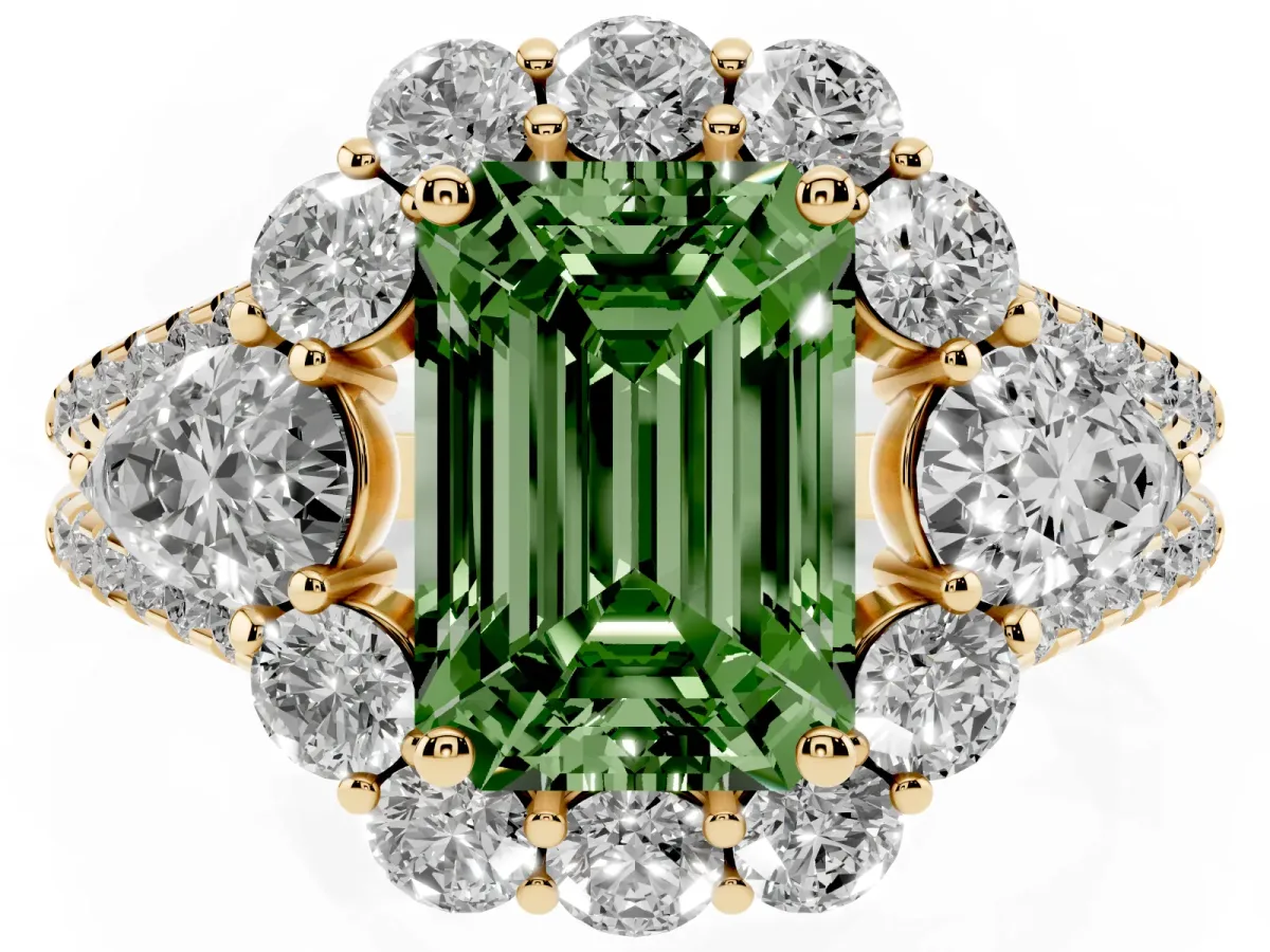 Fancy Green Emerald Cut Halo Split Shank Diamond Engagement Ring with Prong Setting Yellow gold