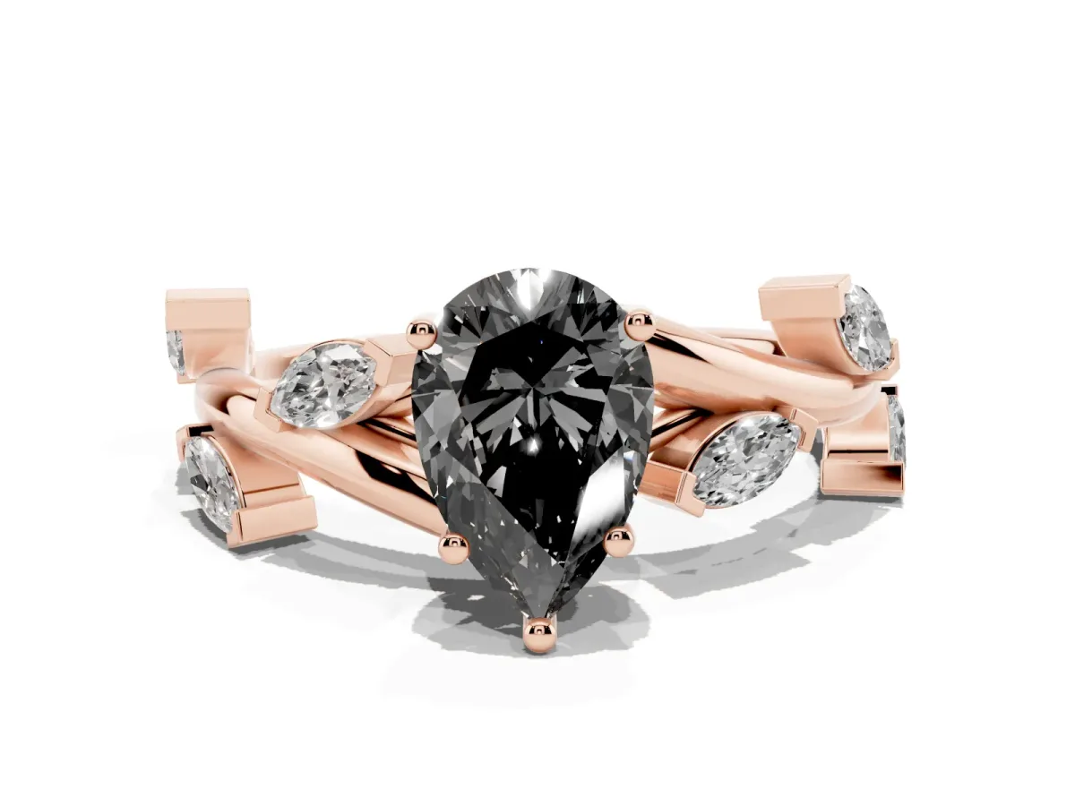 Fancy Black Pear Cut Solitaire Twisted Band Marquise Accent Prong Setting Ring Rose gold