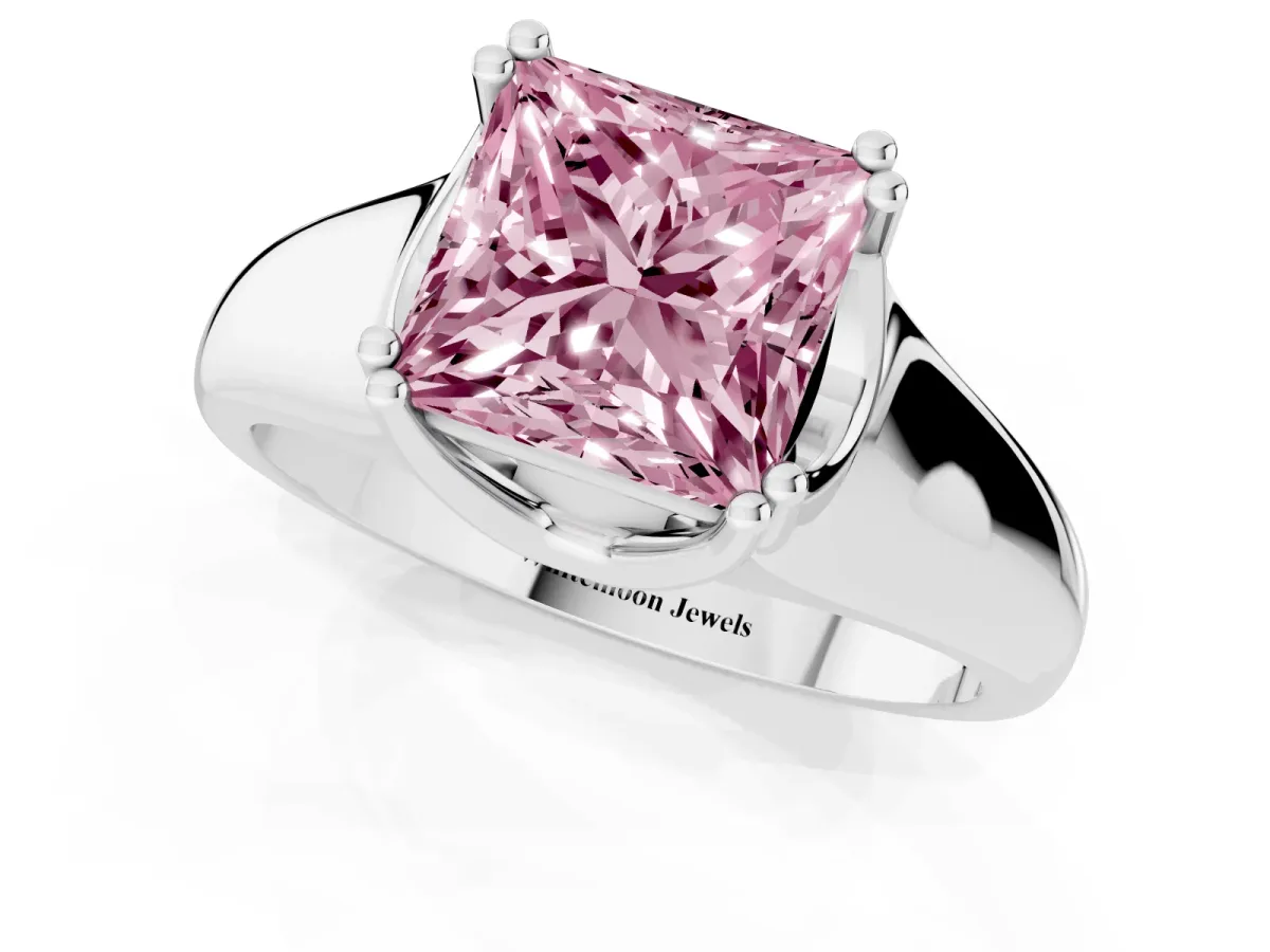 Fancy Pink Princess Cut Diamond Solitaire Ring with Wide Band and Prong Setting Silver