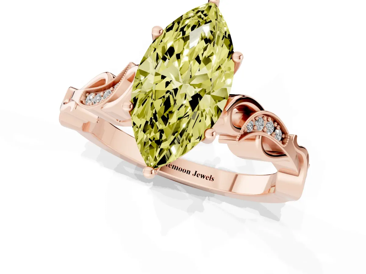 Fancy Yellow Marquise Cut Solitaire Vine Band with Milgrain Prong Setting Rose gold