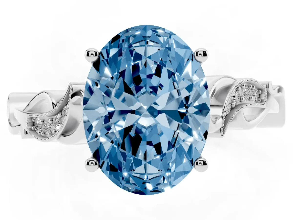 Fancy Blue Oval Cut Solitaire Vine Band with Milgrain Prong Setting White gold
