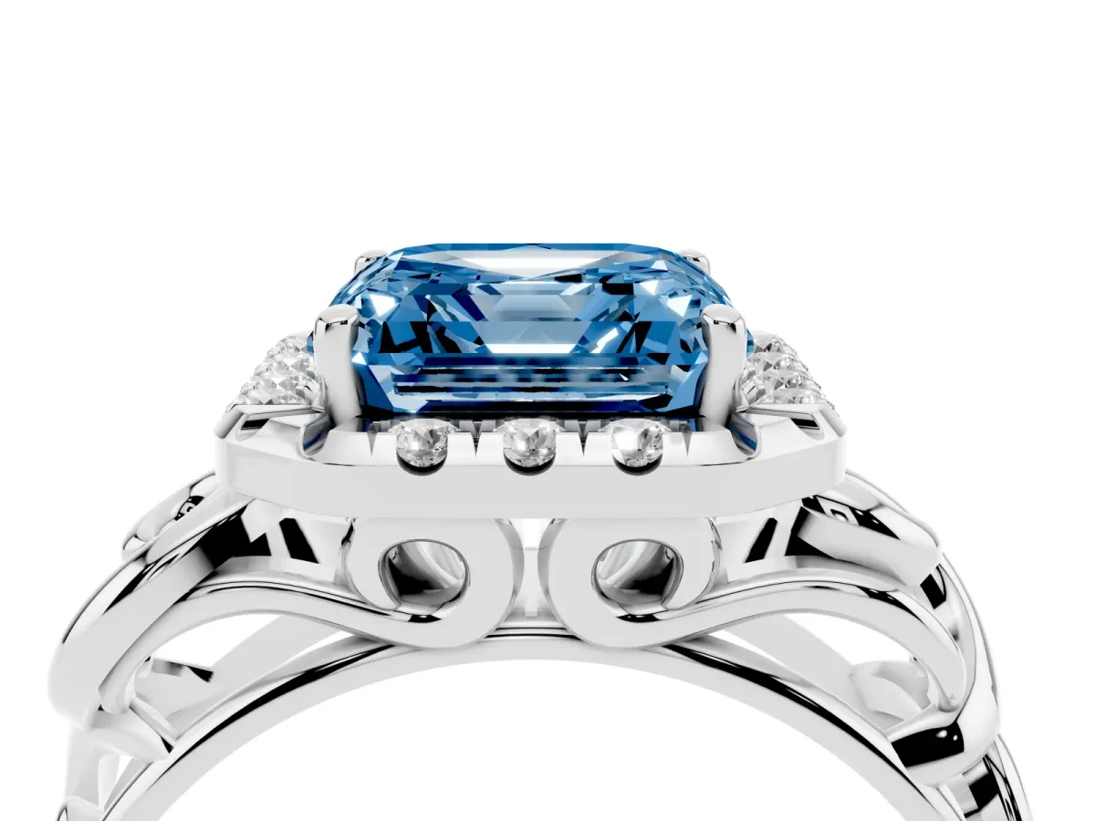 Fancy Blue Asscher Cut Cut Halo Diamond Ring with Scrollwork Band and Four-Prong Setting Silver