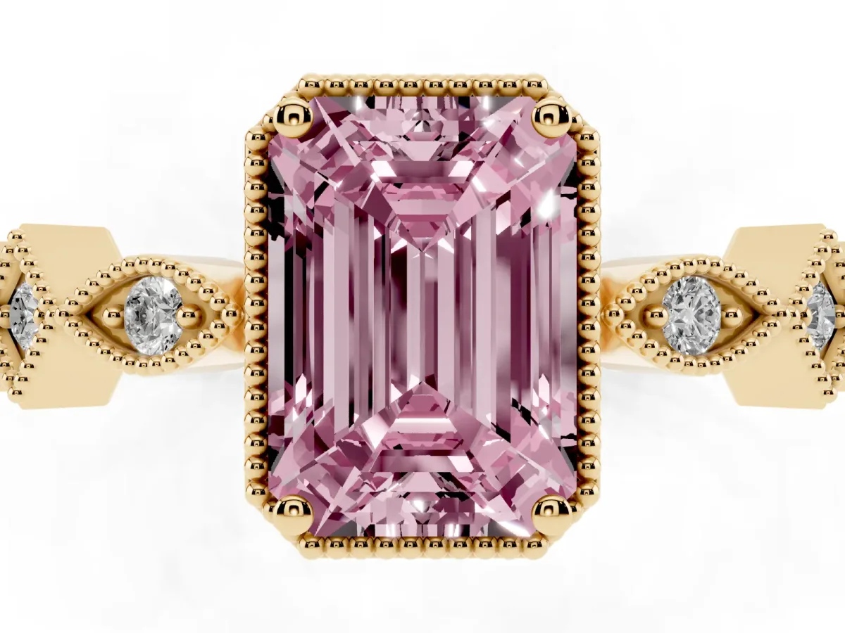 Fancy Pink Emerald Cut Milgrain Marquise Diamond Twist Band Ring Yellow gold