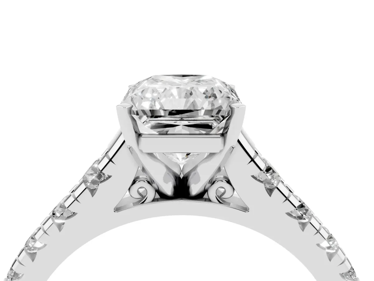 Radiant Cut Diamond Cathedral Solitaire Ring with Round Pavé Band Platinum
