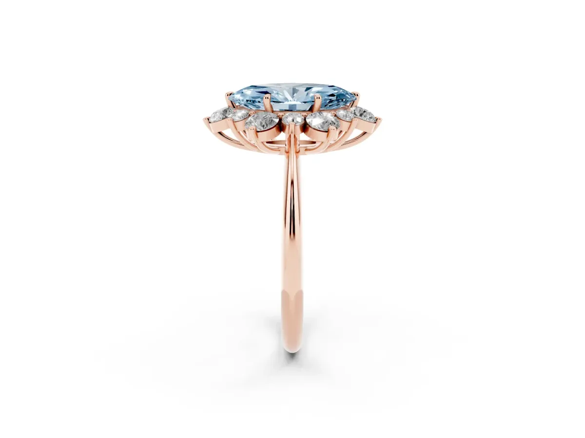 Fancy Blue Marquise Cut Diamond Cluster Halo Ring with Solitaire Band and Four-Prong Setting Rose gold